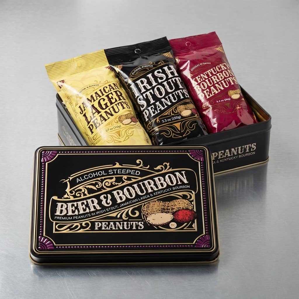 Beer and Bourbon Liquor Peanuts Gift Tin