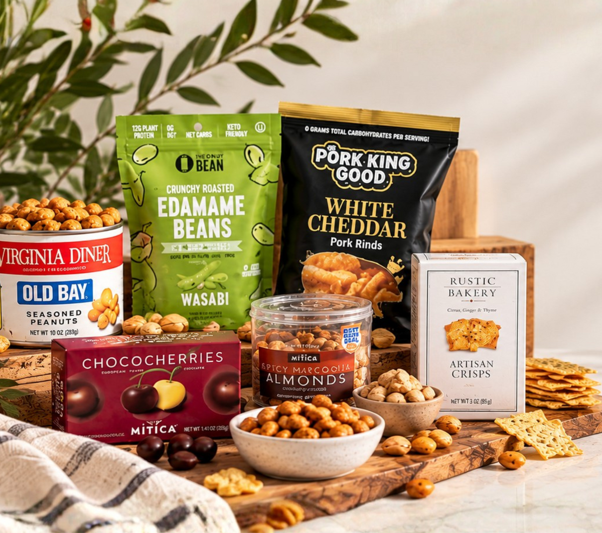 A styled snack and treat assortment arranged on a wooden board and surface, including bags and jars of chips, crackers, nuts, and fruit. Visible products include Pork King Good White Cheddar Pork Rinds, Edamame Beans Wasabi, Almonds, Chocochries, and Rustic Bakery Artisan Crisps, with a white background and soft decorative leaves in the upper left.